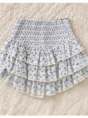LoveShackFancy Blue and White Ruffle Mini Skirt